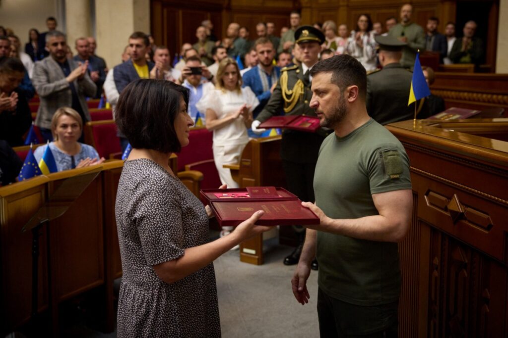 Olha receives from Ukraine's President Volodymyr Zelenskiy the order 'Hero of Ukraine' for her fallen husband Staff Sergeant Kulyk Serhii during a session of the Ukrainian parliament dedicated to the Constitution Day, amid Russia's attack on Ukraine, in Kyiv, Ukraine, on 28th June, 2023.
