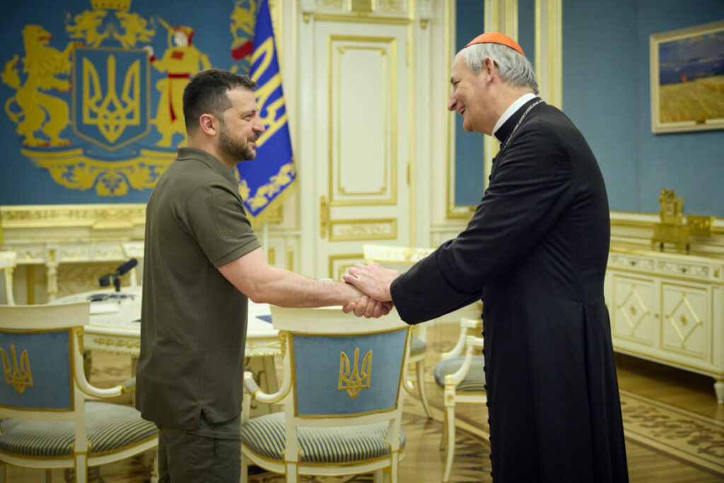 Ukraine's President Volodymyr Zelenskiy welcomes Italian Cardinal and Papal Special Envoy Matteo Zuppi, amid Russia's attack on Ukraine, in Kyiv, Ukraine, on 6th June, 2023.