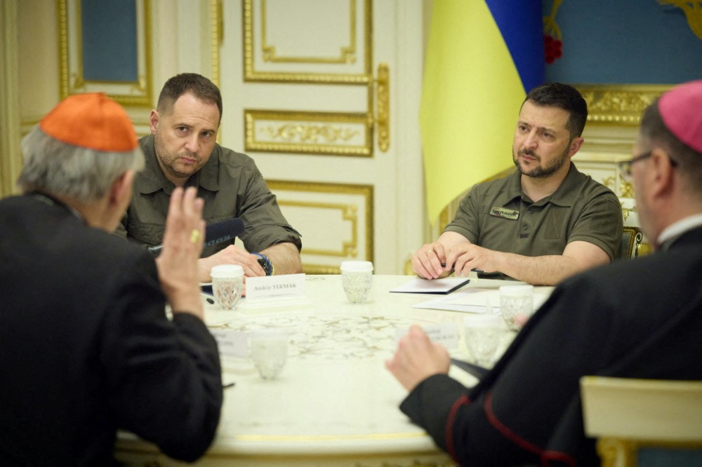 Ukraine's President Volodymyr Zelenskiy attends a meeting with Italian Cardinal and Papal Special Envoy Matteo Zuppi, amid Russia's attack on Ukraine, in Kyiv, Ukraine, on 6th June, 2023.