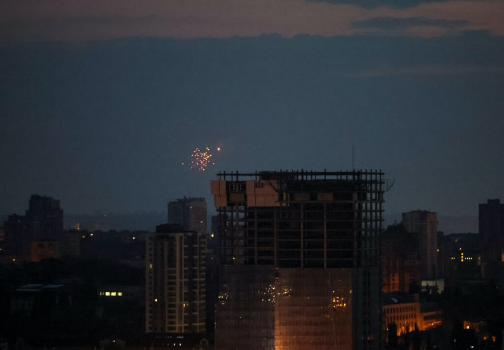 An explosion of a drone is seen in the sky over the city during a Russian drone strike, amid Russia's attack on Ukraine, in Kyiv, Ukraine, on 20th June, 2023.