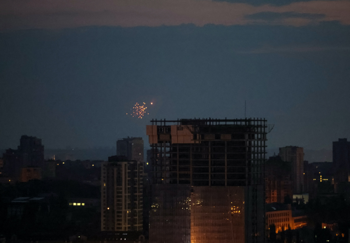 An explosion of a drone is seen in the sky over the city during a Russian drone strike, amid Russia's attack on Ukraine, in Kyiv, Ukraine, on 20th June, 2023. 
