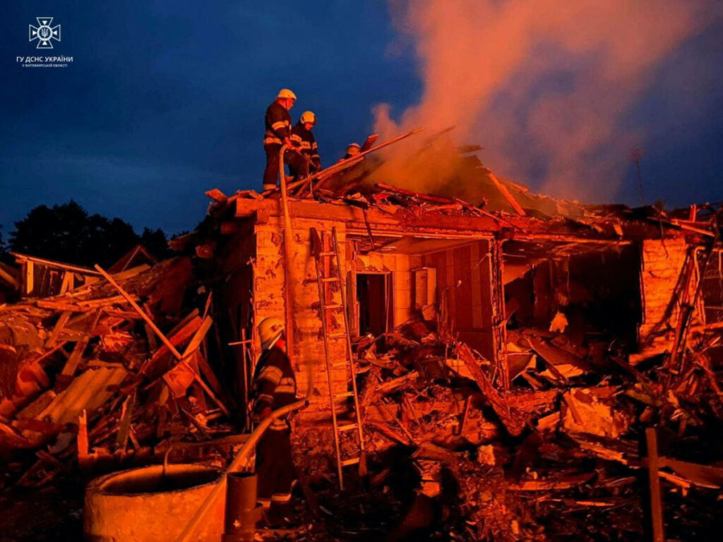 Firefighters work at a site of residential area heavily damaged during a Russian missile strike, amid Russia's attack on Ukraine, in the town of Zviahel, Zhytomyr region, Ukraine, in this handout picture released on 9th June, 2023.