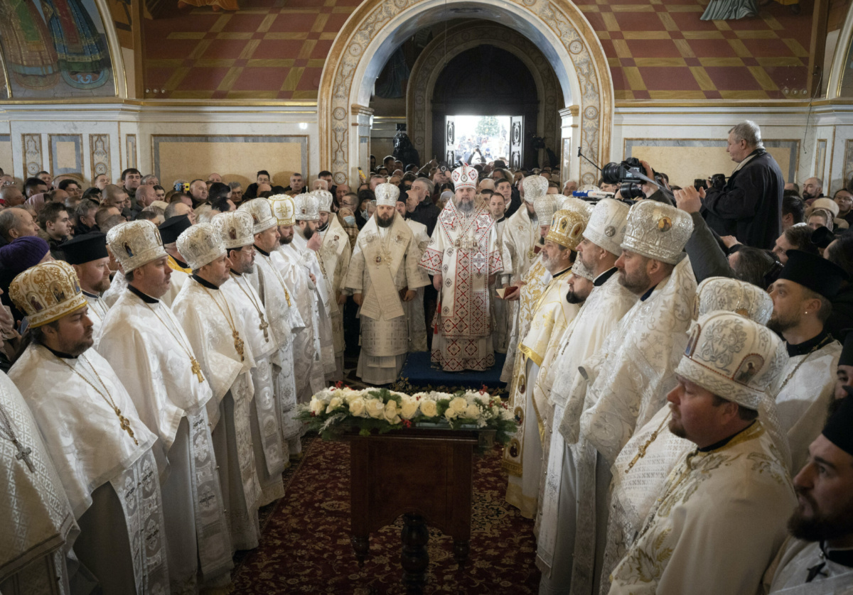 Metropolitan Epiphanius, center right, and priests deliver an Orthodox Christmas service inside the nearly 1,000-year-old Pechersk Lavra Cathedral of Kyiv, Ukraine, on Saturday, 7th January 2023.