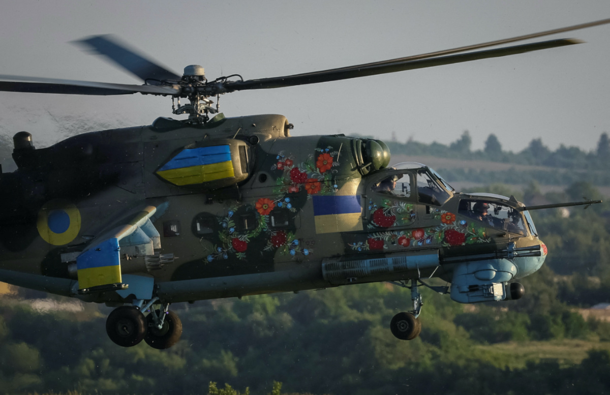 A Ukrainian military helicopter takes off to carry out a mission, amid Russia's attack on Ukraine, during military drills in the north of Ukraine, on 1st June, 2023. 