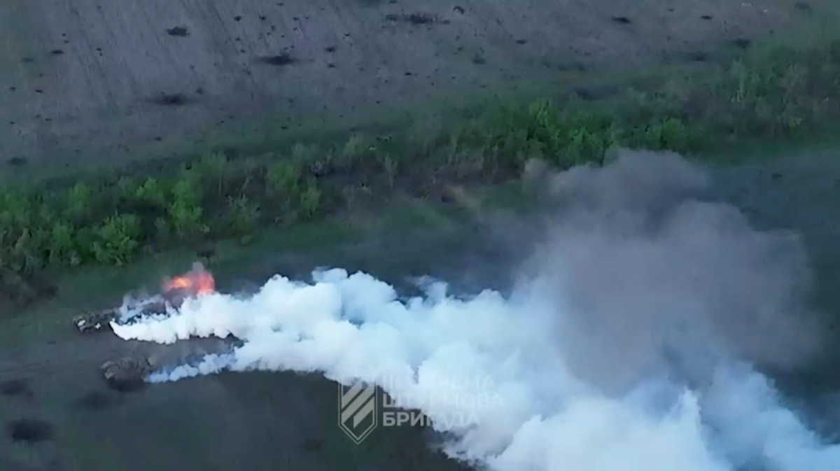 View of military vehicles as Ukrainian forces destroy Russian positions in direction of Bakhmut, near Klischiivka, Donetsk Region, Ukraine, in this screengrab taken from a video released on 4th June, 2023. 