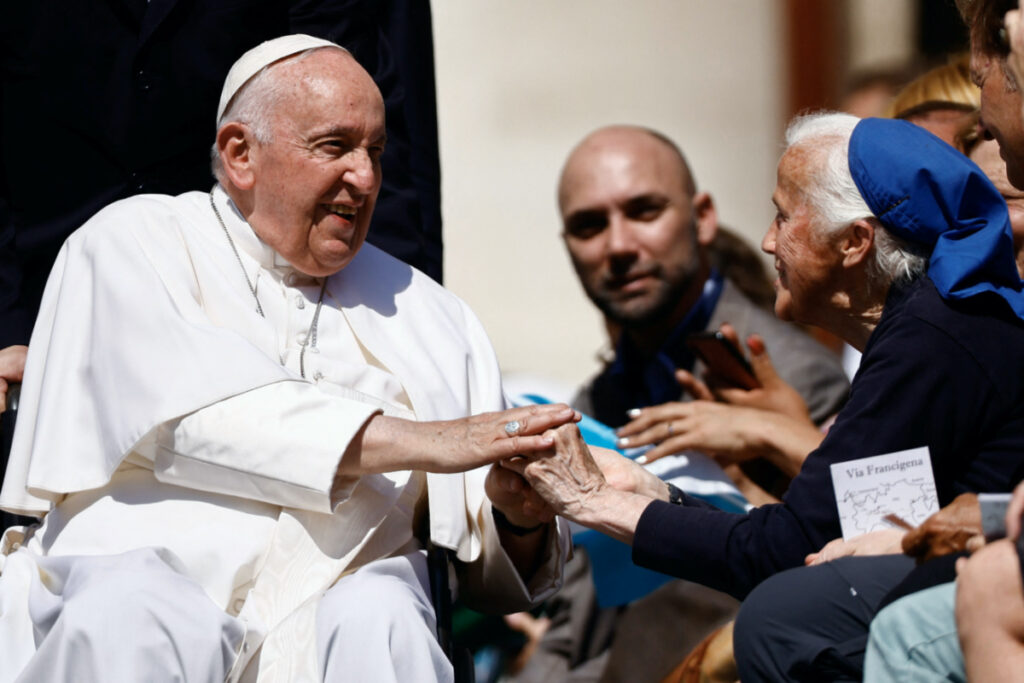 Pope Francis greets a nun during the weekly general audience in St. Peter's Square at the Vatican, on 7th June, 2023.