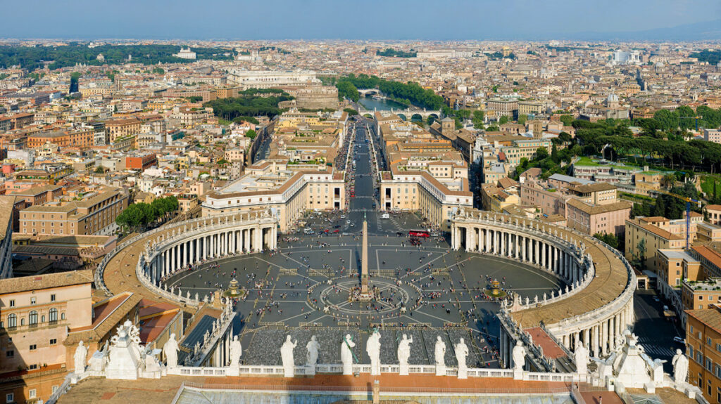 A view of St Peter's Square, Vatican City, and Rome from the top of Michelangelo's dome in St Peter’s Basilica.