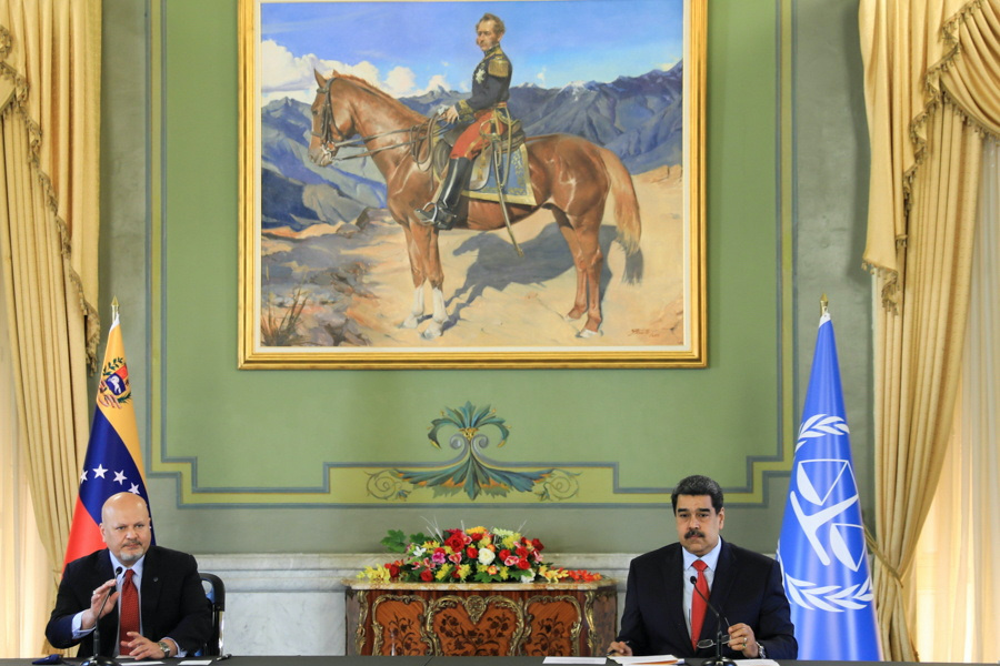 International Criminal Court prosecutor Karim Khan and Venezuela's President Nicolas Maduro attend a meeting at the Miraflores Palace, in Caracas, Venezuela, on 3rd November, 2021.