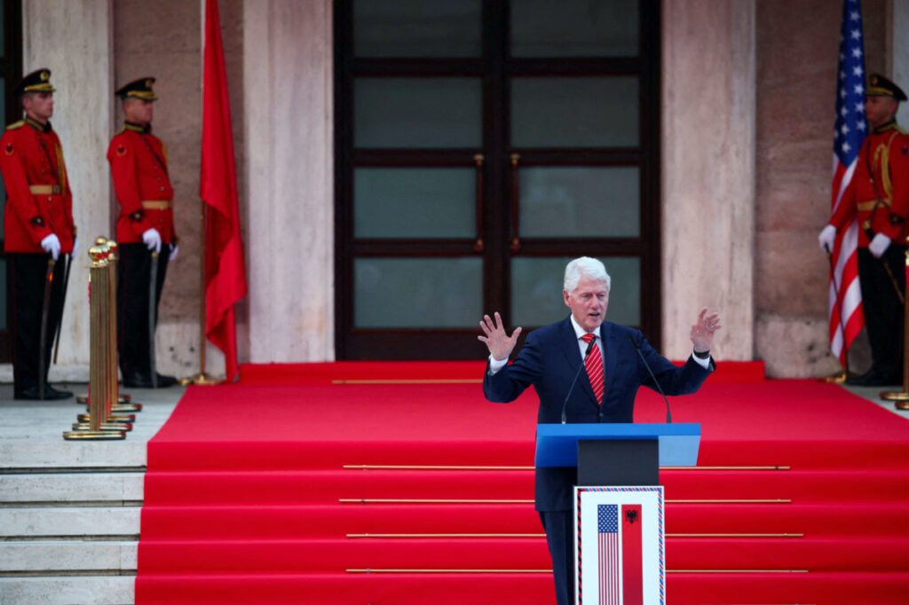 Former US President Bill Clinton delivers his speech during a welcoming in Tirana, Albania, on 3rd July, 2023.