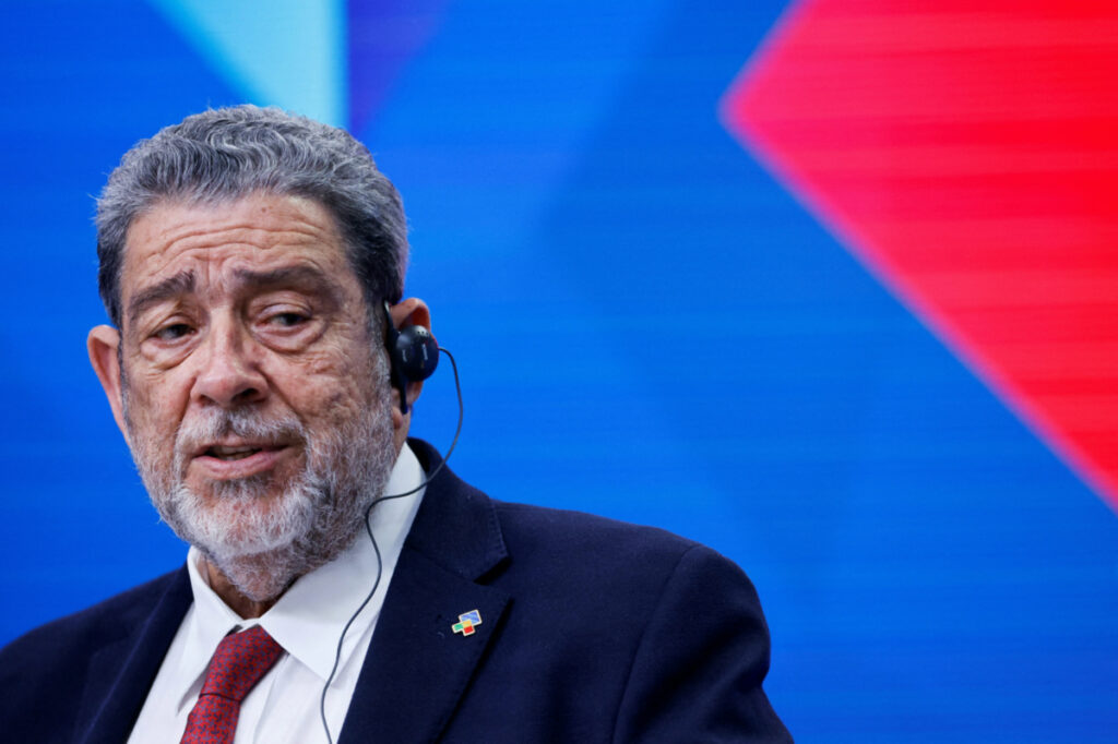 Saint Vincent and the Grenadines Prime Minister Ralph Gonsalves speaks during a press conference at the summit between European Union leaders and leaders of the CELAC group of Latin American and Caribbean states, in Brussels, Belgium, on 18th July, 2023.