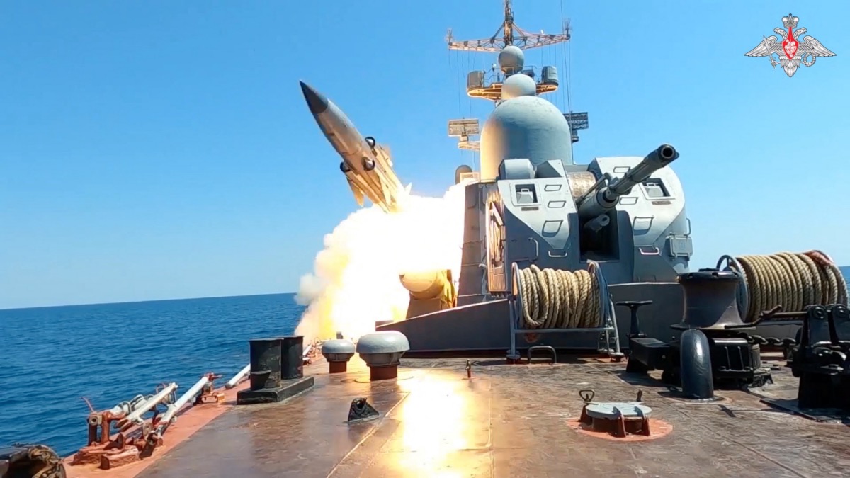 A still image from a video, released by Russia's Defence Ministry, shows what it said to be the guided missile ship Ivanovets firing a rocket during drills in the Black Sea, in this image taken from video released on 21st July 2023.