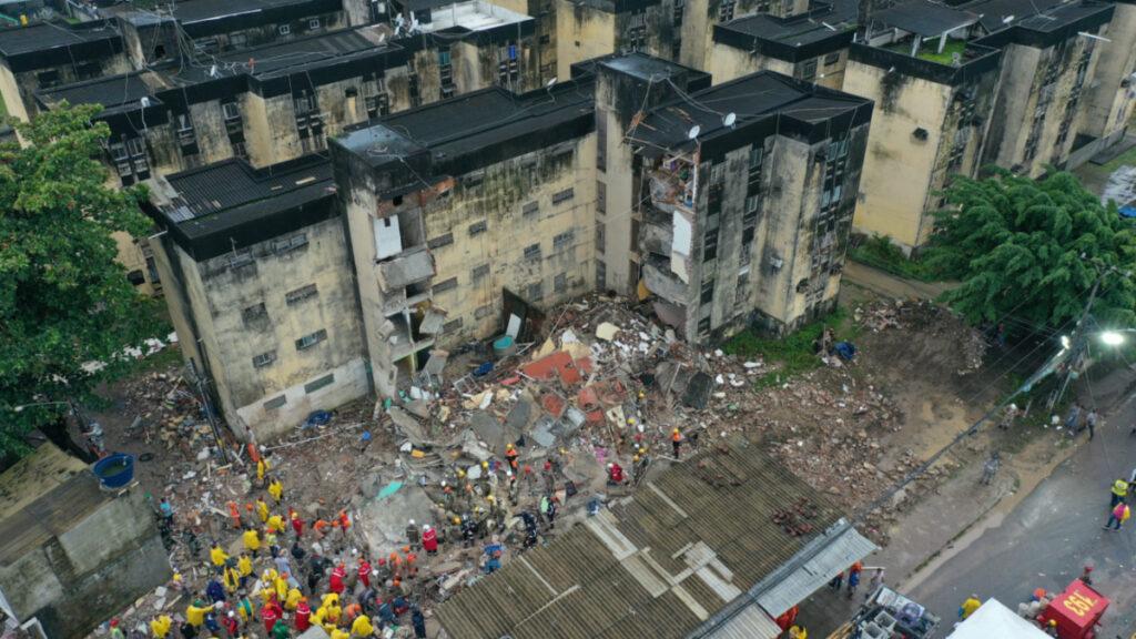 Rescue workers look for victims among debris of a building collapse in Recife, Pernambuco state, Brazil, on 7th July, 2023.