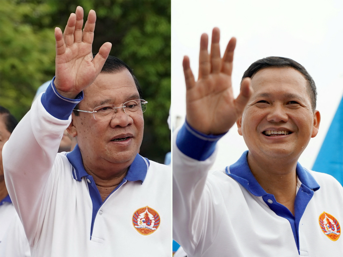 This combination photo shows Cambodia's Prime Minister Hun Sen and his son Hun Manet during election campaign rallies in Phnom Penh, Cambodia, on 1st July, 2023 and 21st July, 2023 respectively.  