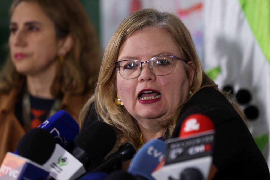 Director of the Institute for Family Welfare Astrid Caceres speaks during a press conference in Bogota, Colombia, on 14th July, 2023.