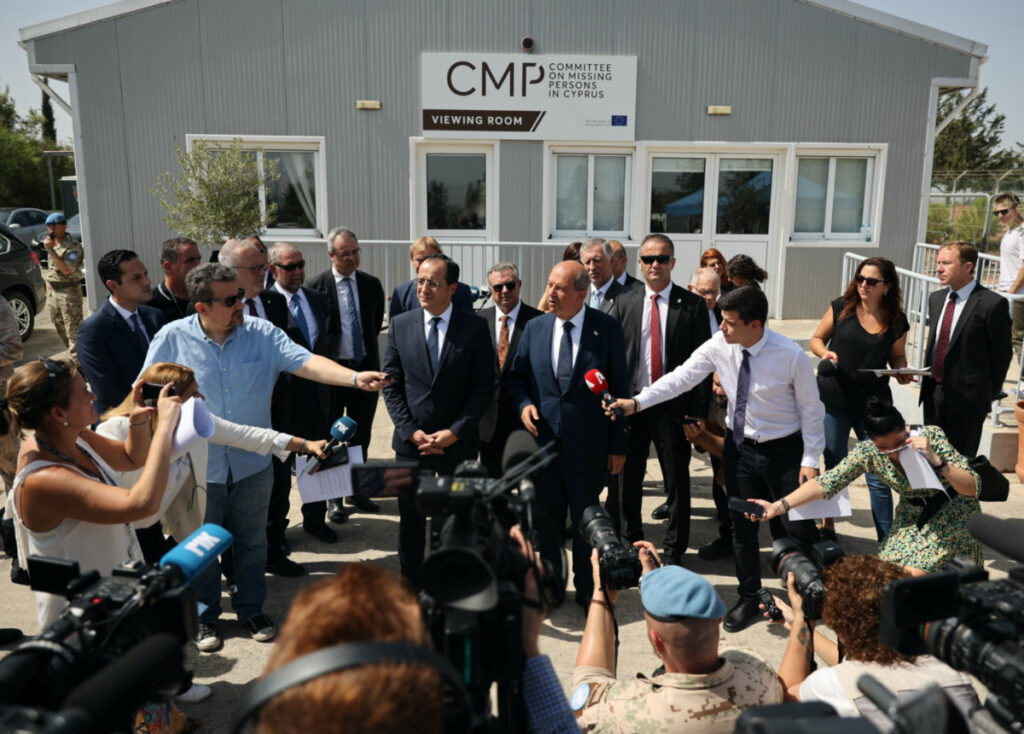 Cyprus President Nikos Christodoulides and Turkish Cypriot leader Ersin Tatar, speaks to media outside the CMP Anthropological Laboratory in the buffer zone of Nicosia airport, Cyprus, on 28th July, 2023.
