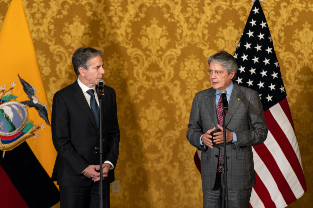 US Secretary of State and Ecuador's President Guillermo Lasso meet at the presidential palace during his first official visit to South America in 2019