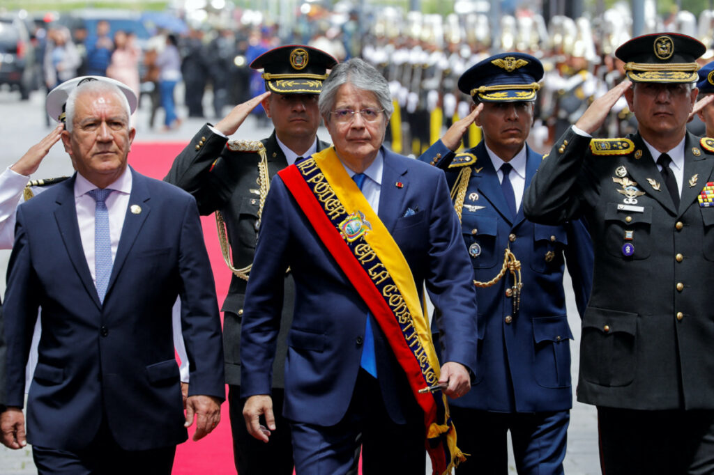 Ecuador's President Guillermo Lasso walks, on the day of his annual report to the nation, a week after dissolving the National Assembly and calling for early elections, in Quito, Ecuador, on 24th May, 2023.
