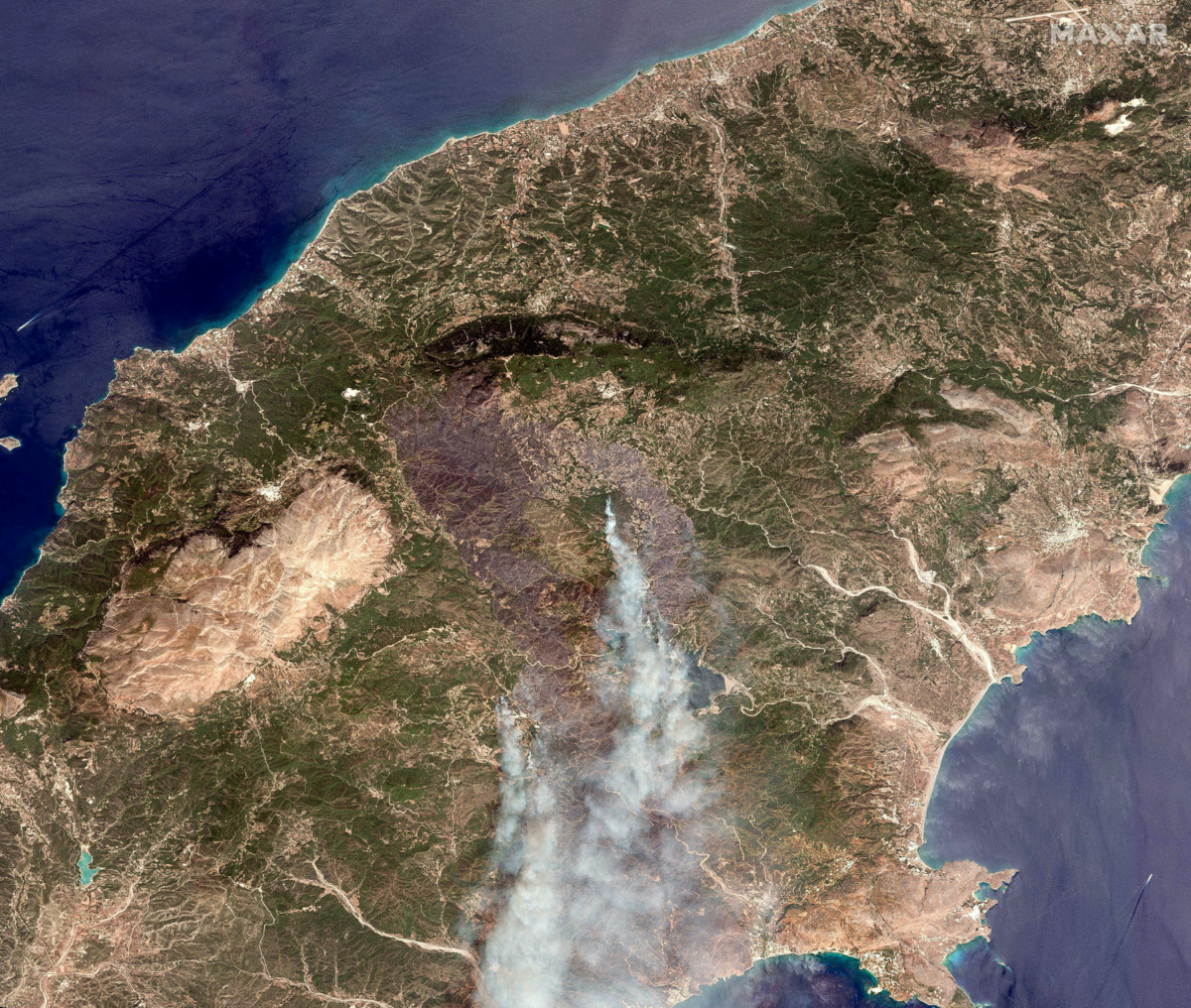 A satellite image showing overview of Rhodes wildfires, Greece, July 23, 2023. 