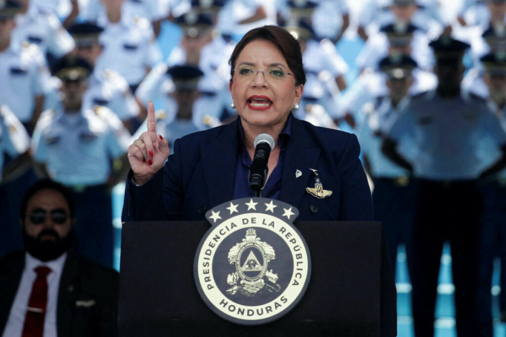 Honduras President Xiomara Castro delivers a speech during a ceremony to mark the anniversary of the Honduran Air Force at the Hernan Acosta Air Base in Tegucigalpa, Honduras, on 21st April, 2023.