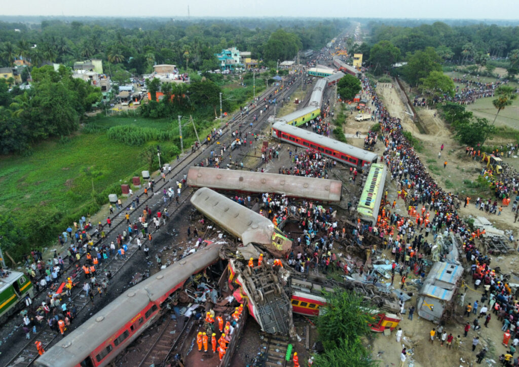 A drone view shows derailed coaches after trains collided in Balasore district in the eastern state of Odisha, India, on 3rd June, 2023.