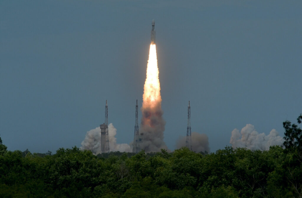 India's LVM3-M4 blasts off carrying Chandrayaan-3 lander from the Satish Dhawan Space Centre at Sriharikota, India, on 14th July, 2023.