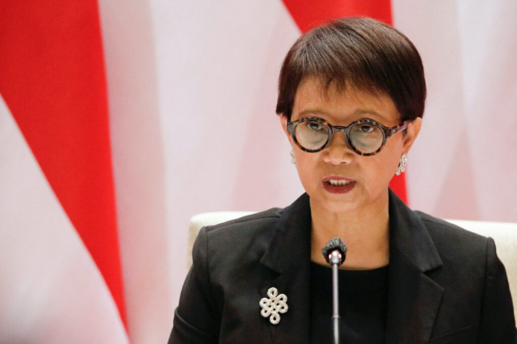 Indonesia's Foreign Minister Retno Marsudi delivers her speech during a press briefing ahead of the ASEAN foreign ministers' meeting in Jakarta, Indonesia, on 7th July, 2023.