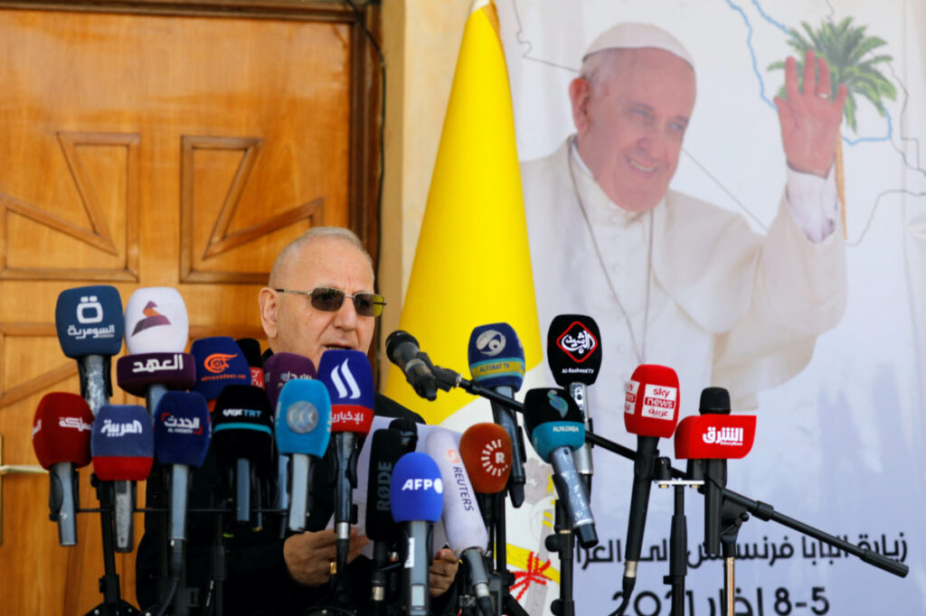 Cardinal Louis Raphael I Sako speaks during a news conference ahead of the planned visit of Pope Francis to Iraq, in Baghdad, Iraq, on 3rd March, 2021.