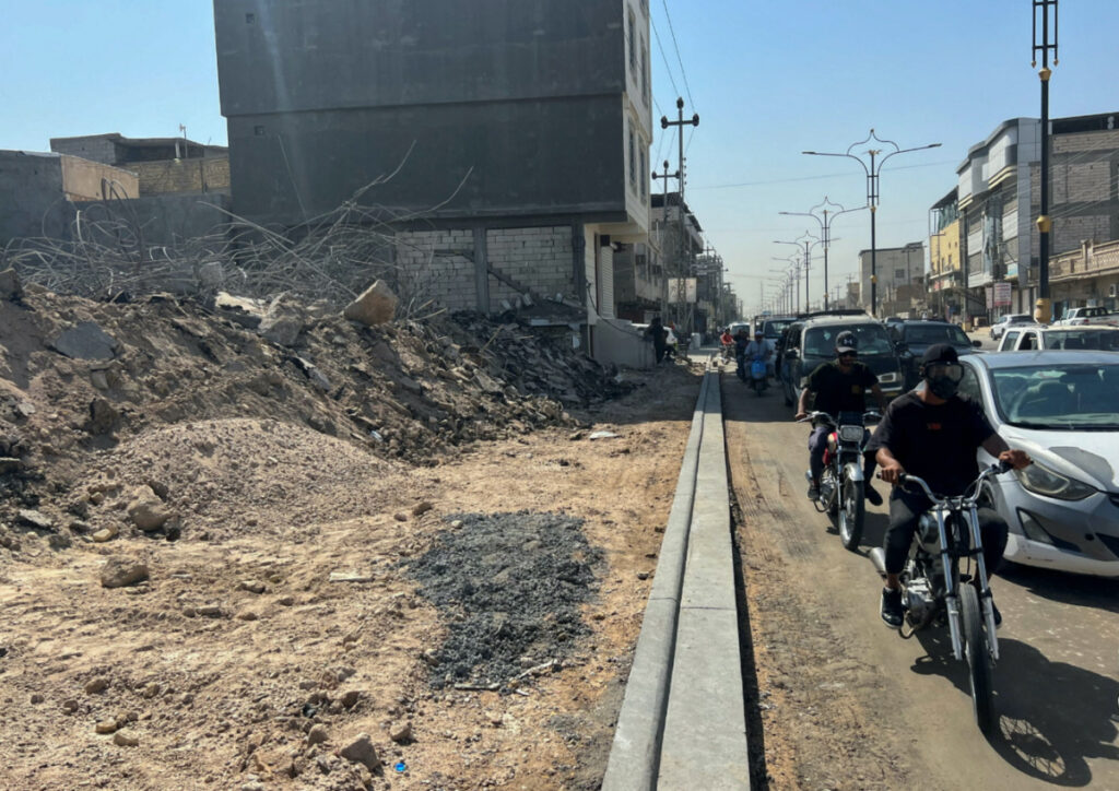 A view of rubble that remains at the site of the historic Siraji Mosque that was demolished for the expansion for a road in Basra, Iraq, on 16th July, 2023.