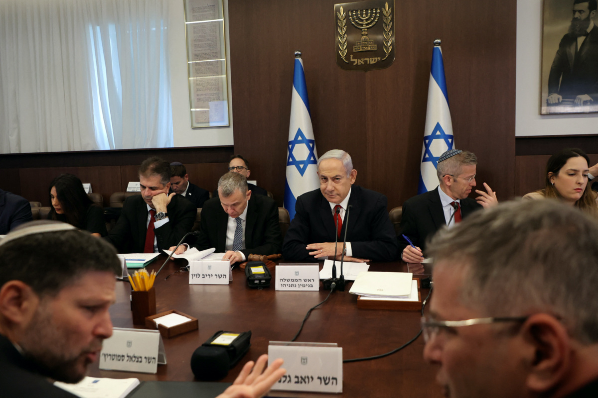Israel's Prime Minister Benjamin Netanyahu attends the weekly cabinet meeting in his office in Jerusalem on 9th July, 2023.