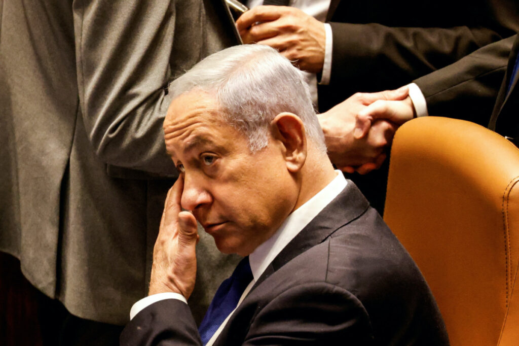 Israeli Prime Minister Banjamin Netanyahu looks on as Israeli lawmakers vote on a bill that would limit some Supreme Court power, in the Knesset plenum in Jerusalem, on 24th July, 2023.