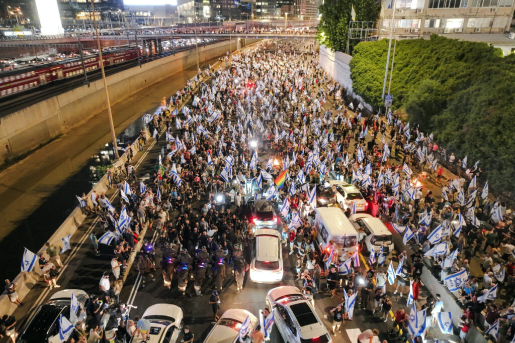 An aerial view shows protesters blocking Tel Aviv's main access road during a demonstration after Tel Aviv police chief quit citing government meddling against anti-government protesters, in Tel Aviv, Israel, on 5th July, 2023.