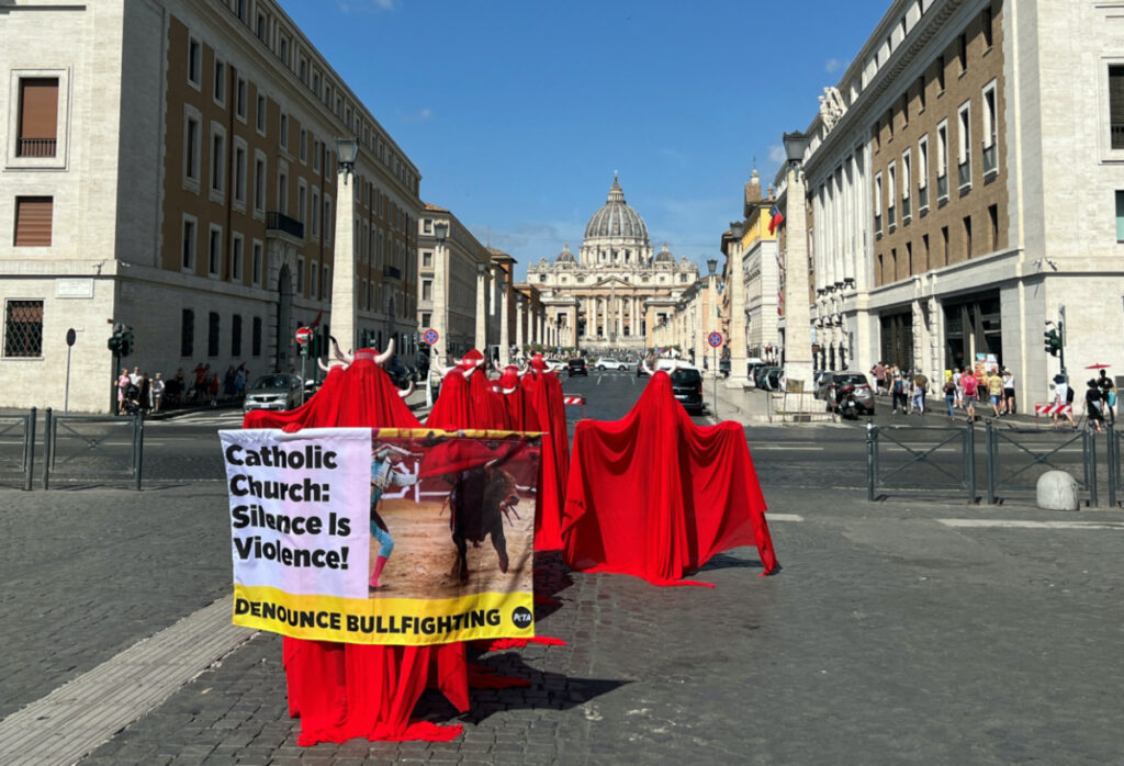 Activists from the animal rights group PETA protest against bullfighting near Vatican, in Rome, Italy, on 28th July, 2023.