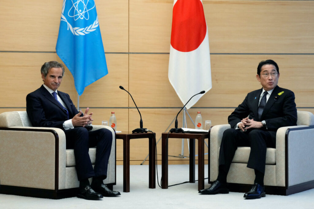 Rafael Mariano Grossi, Director General of the International Atomic Energy Agency, left, speaks with Japanese Prime Minister Fumio Kishida, right, before presenting IAEA's comprehensive report on Fukushima Treated Water Release to Kishida, at the prime minister's office on Tuesday, 4th July, 2023 in Tokyo.