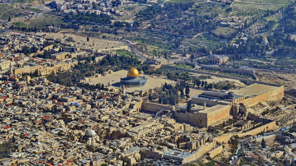 An aerial view of Jerusalem’s Old City and the Dome of the Rock.