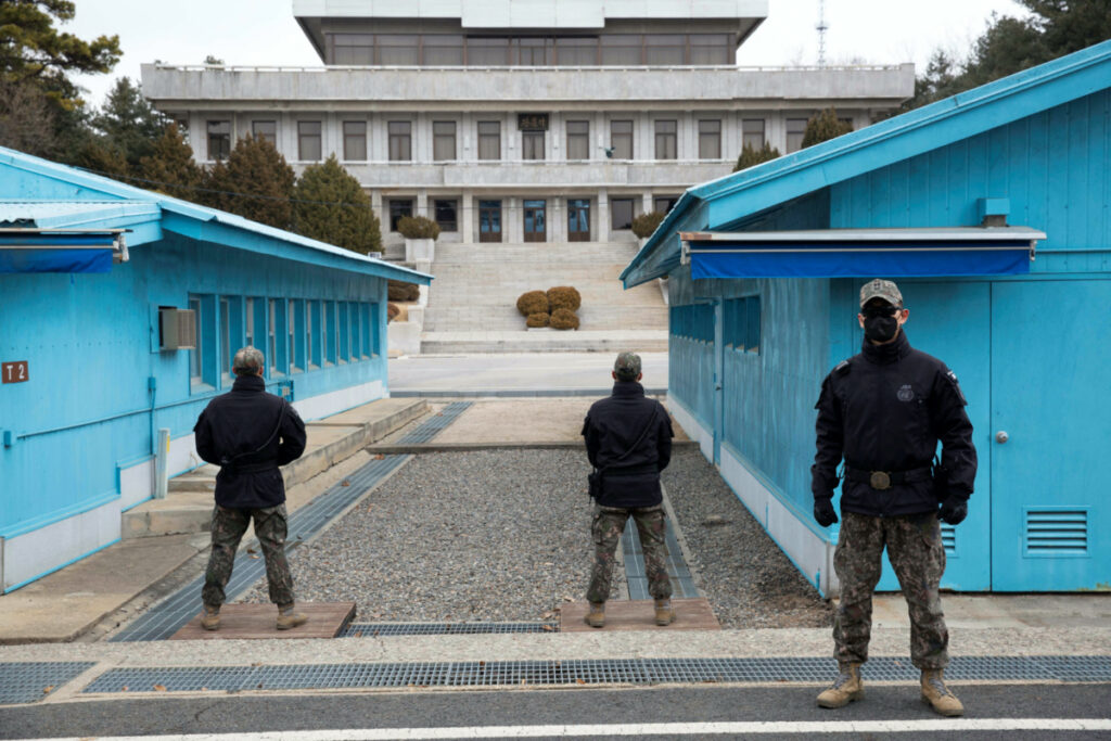 South Korean soldiers stand guard during a media tour at the Joint Security Area on the Demilitarized Zone in the border village of Panmunjom in Paju, South Korea, on 3rd March, 2023.