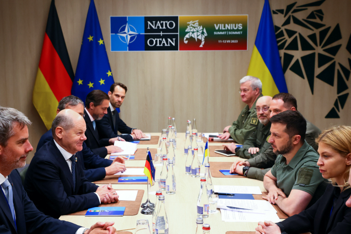 Ukraine's President Volodymyr Zelenskiy and German Chancellor Olaf Scholz meet during a NATO leaders summit in Vilnius, Lithuania, on 12th July, 2023.