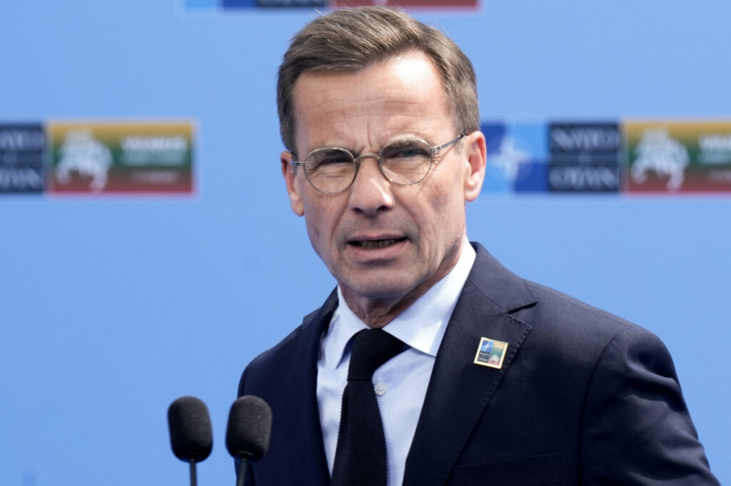 Swedish Prime Minister Ulf Kristersson addresses the media ahead of a NATO leaders summit in Vilnius, Lithuania, on 11th July, 2023.