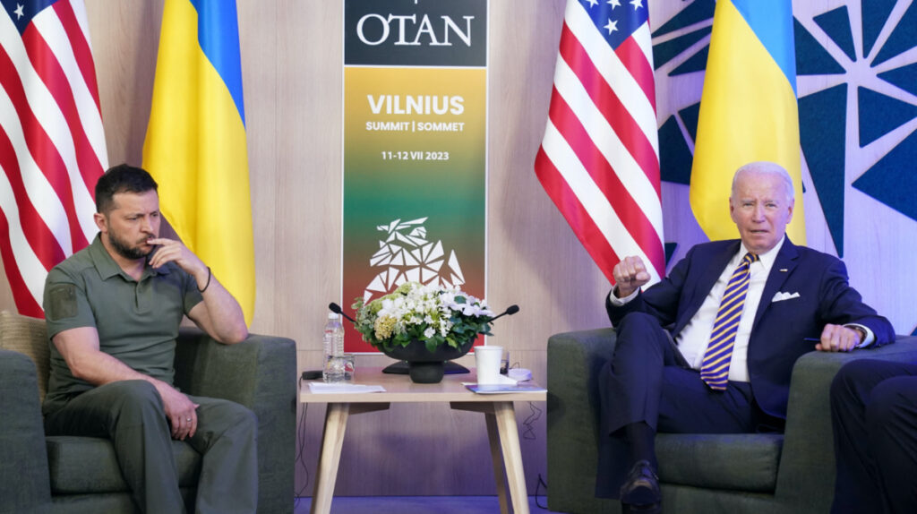 Ukraine's President Volodymyr Zelenskiy and US President Joe Biden attend a bilateral meeting, as the NATO summit is held in Vilnius, Lithuania, on 12th July, 2023.