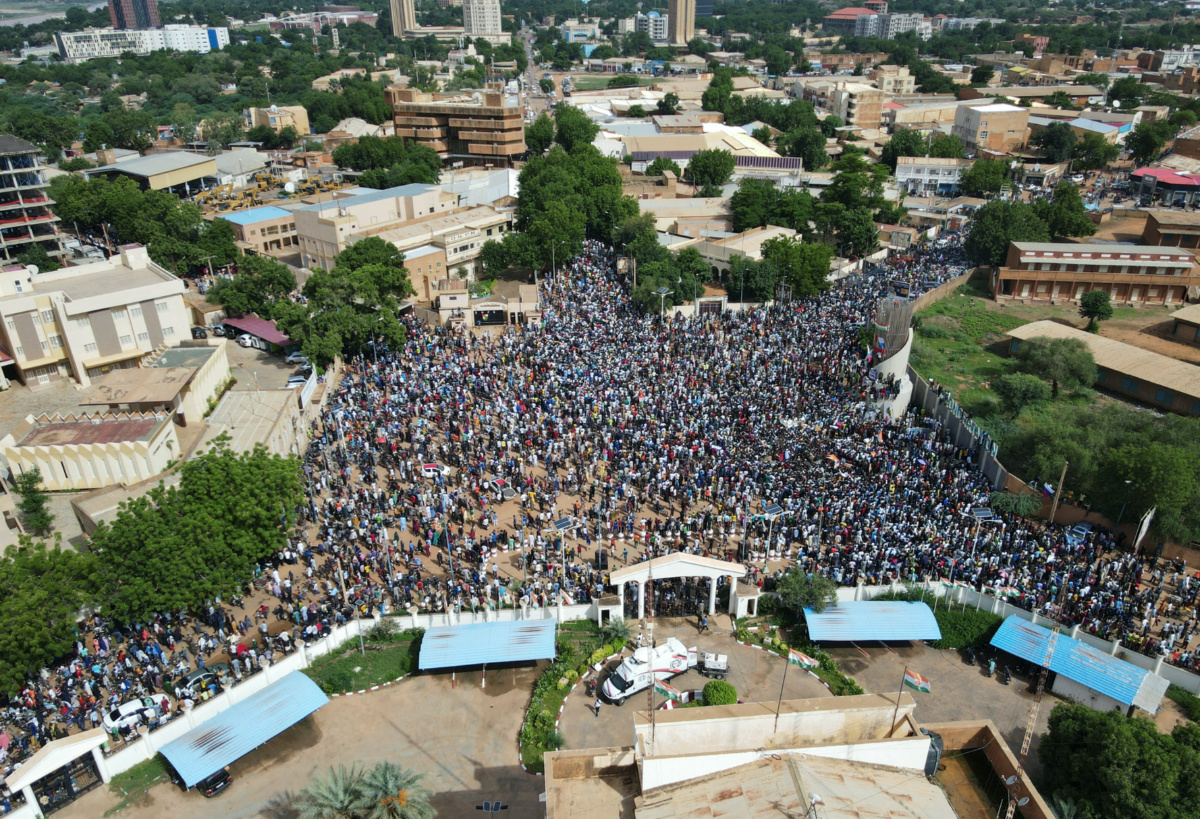 Demonstrators gather in support of the putschist soldiers in Niamey, the capital city of Niger, on 30th July, 2023.