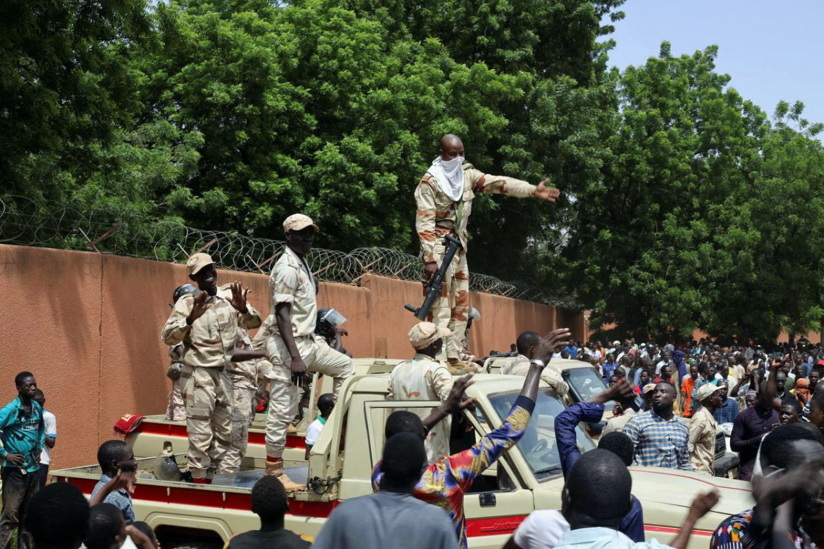 Nigerian security forces prepare to disperse pro-junta demonstrators gathered outside the French embassy, in Niamey, the capital city of Niger, on 30th July, 2023. 
