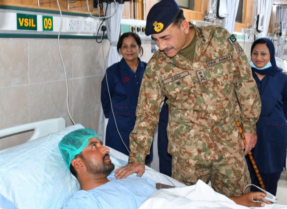 Chief of Army Staff of Pakistan Asim Munir visits injured soldiers after a terrorist attack in Zhob, at the Combined Military Hospital, Quetta, Pakistan, on 14th July, 2023.