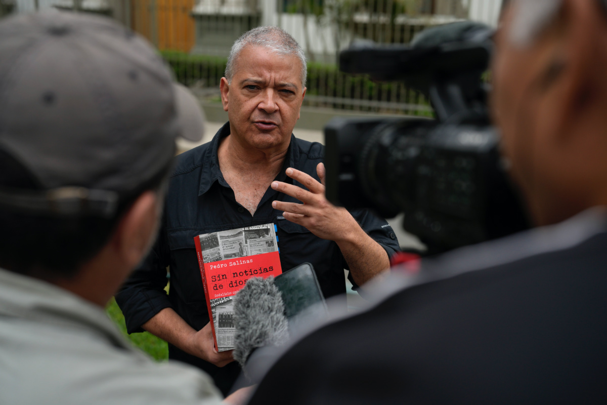 Pedro Salinas speaks with the press outside the Nunciatura Apostolica after meeting with Vatican investigators about alleged abuse by the Catholic lay group Sodalitium Christianae Vitae in Lima, Peru, on Tuesday, 25th July, 2023. 