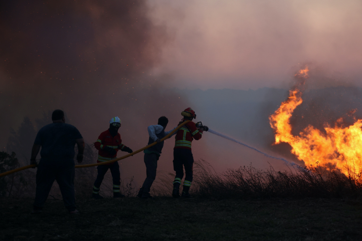 A firefighter and locals try to extinguish a wildfire in Cascais, Portugal, on 25th July, 2023. 