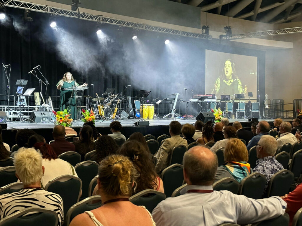 Rev Joy Martinez-Marshall addresses attendees at the American Baptist Churches USA 2023 Biennial Mission Summit in San Juan, Puerto Rico.
