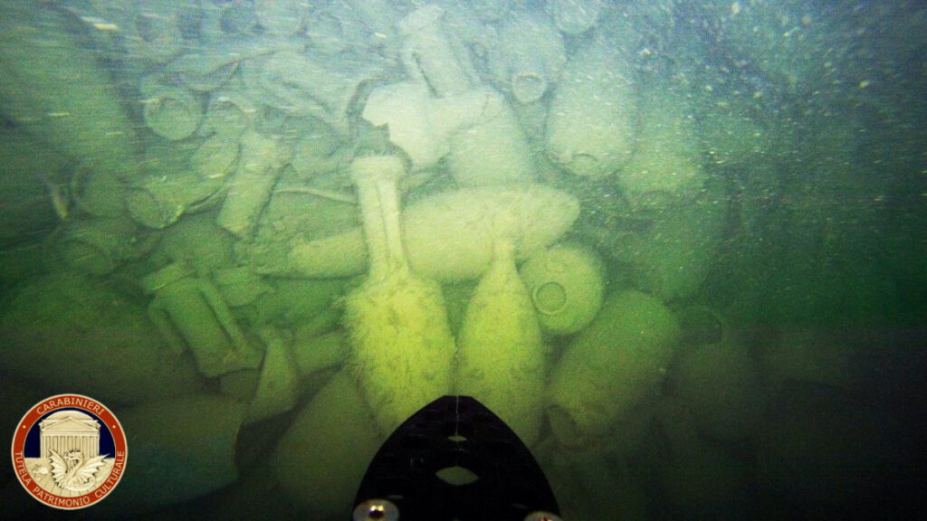 A view of amphorae found by Carabinieri Command for the Protection of Cultural Heritage in a wreck of an ancient Roman cargo ship at the bottom of the sea in Civitavecchia, near Rome, Italy, on 25th July, 2023.