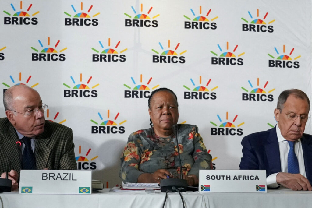 Brazil's Foreign Minister Mauro Vieira, South Africa's Foreign Minister Naledi Pandor and Russia's Foreign Minister Sergei Lavrov attend a press conference as BRICS foreign ministers meet in Cape Town, South Africa, on 1st June, 2023.