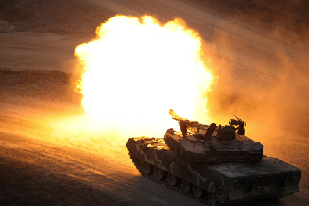 A South Korean army K1A1 tank fires during a live-fire drill which is a part of the joint military drill "Freedom Shield" between South Korea and US at a military training field near the demilitarized zone separating the two Koreas in Pocheon, South Korea, on 22nd March, 2023.