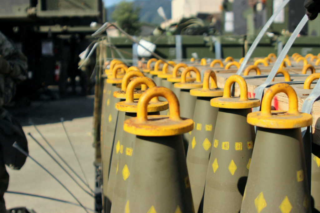 Dozens of 155mm Base Burn Dual Purpose Improved Conventional Munitions rounds wait to be loaded at a US Army motor pool at Camp Hovey, South Korea, on 20th September, 2016.