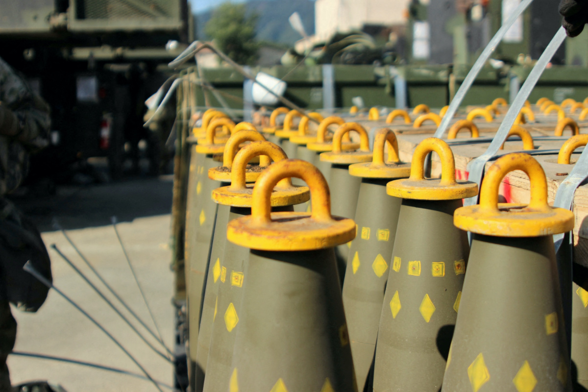 FILE PHOTO: Dozens of 155mm Base Burn Dual Purpose Improved Conventional Munitions (DPICM) rounds wait to be loaded at a U.S. Army motor pool at Camp Hovey, South Korea September 20, 2016.  U.S. Army/2nd Lt. Gabriel Jenko/Handout via REUTERS/File Photo