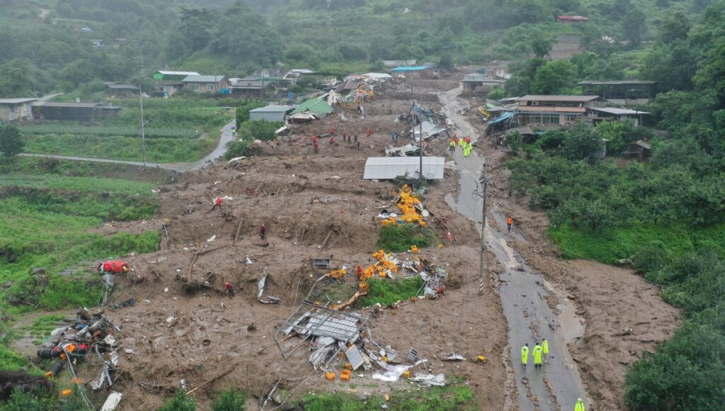 A general view shows landslide caused by torrential rain in Yecheon, South Korea, on 15th July, 2023.